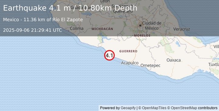 Earthquake OFFSHORE GUERRERO, MEXICO (4.1 m) (2025-09-06 21:29:41 UTC)