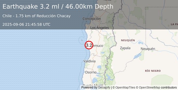 Earthquake ARAUCANIA, CHILE (3.2 ml) (2025-09-06 21:45:58 UTC)