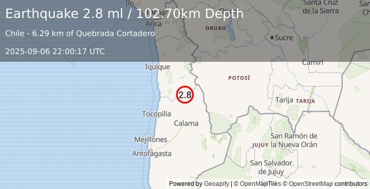 Earthquake ANTOFAGASTA, CHILE (2.8 ml) (2025-09-06 22:00:17 UTC)