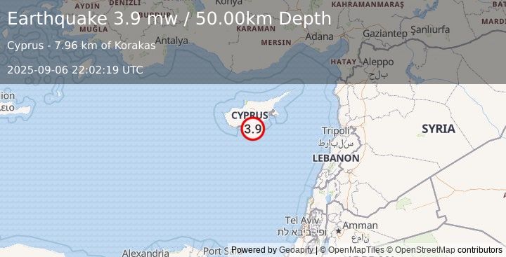 Earthquake CYPRUS REGION (4.0 ml) (2025-09-06 22:02:23 UTC)