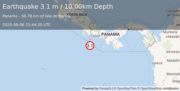 Earthquake SOUTH OF PANAMA (3.1 m) (2025-09-06 21:44:20 UTC)