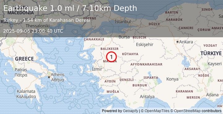 Earthquake WESTERN TURKEY (1.0 ml) (2025-09-06 23:00:40 UTC)