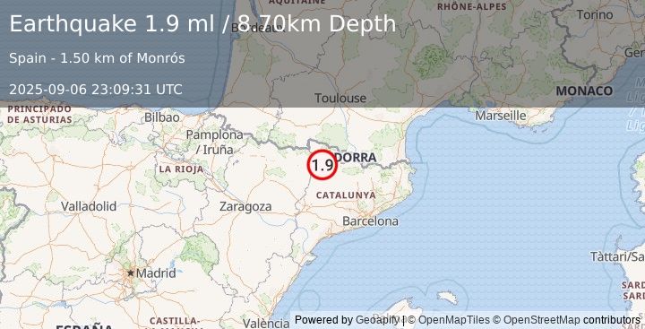Earthquake PYRENEES (1.9 ml) (2025-09-06 23:09:31 UTC)