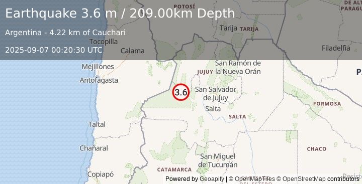 Earthquake SALTA, ARGENTINA (3.6 m) (2025-09-07 00:20:30 UTC)