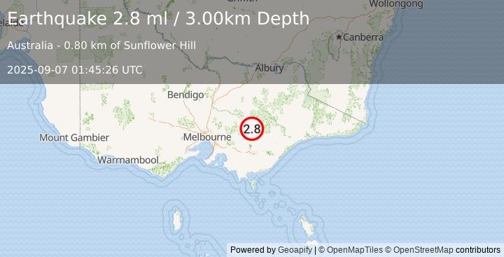 Earthquake NEAR S.E. COAST OF AUSTRALIA (2.8 ml) (2025-09-07 01:45:26 UTC)
