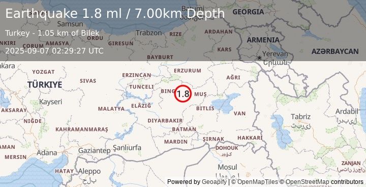 Earthquake EASTERN TURKEY (1.8 ml) (2025-09-07 02:29:27 UTC)