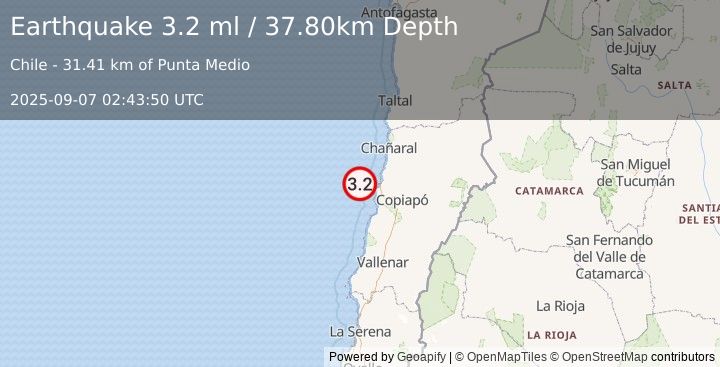 Earthquake OFFSHORE ATACAMA, CHILE (3.2 ml) (2025-09-07 02:43:50 UTC)