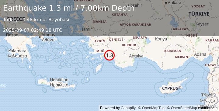 Earthquake DODECANESE IS.-TURKEY BORDER REG (1.3 ml) (2025-09-07 02:49:18 UTC)