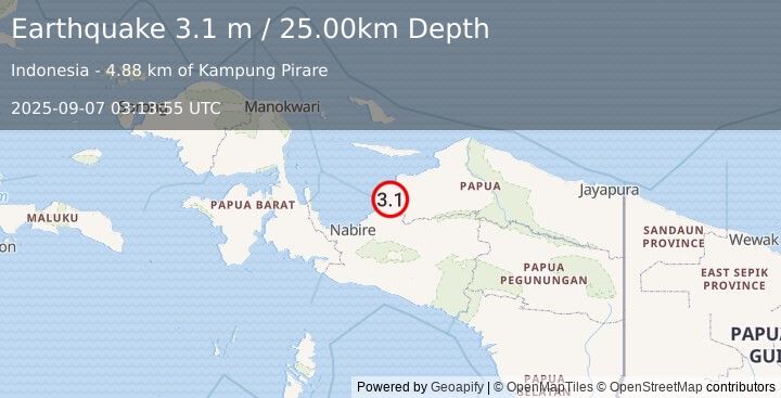 Earthquake NEAR N COAST OF PAPUA, INDONESIA (3.1 m) (2025-09-07 03:13:55 UTC)