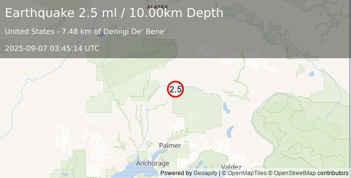 Earthquake CENTRAL ALASKA (2.5 ml) (2025-09-07 03:45:14 UTC)