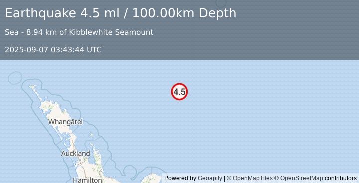 Earthquake SOUTH OF KERMADEC ISLANDS (4.5 ml) (2025-09-07 03:43:44 UTC)