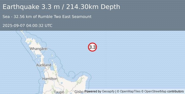 Earthquake OFF E. COAST OF N. ISLAND, N.Z. (3.3 m) (2025-09-07 04:00:32 UTC)