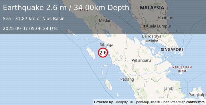 Earthquake NORTHERN SUMATRA, INDONESIA (2.6 m) (2025-09-07 05:06:24 UTC)