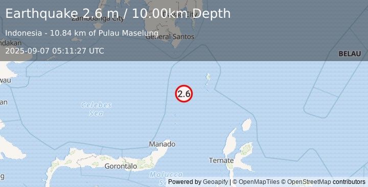 Earthquake KEPULAUAN SANGIHE, INDONESIA (2.6 m) (2025-09-07 05:11:27 UTC)