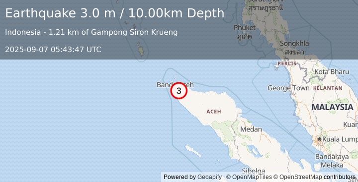 Earthquake NORTHERN SUMATRA, INDONESIA (3.0 m) (2025-09-07 05:43:47 UTC)
