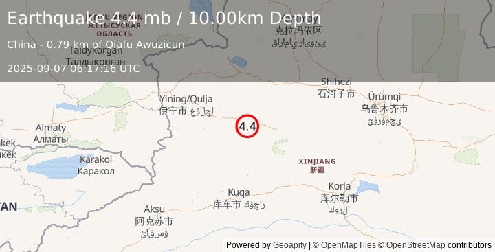 Earthquake NORTHERN XINJIANG, CHINA (4.4 mb) (2025-09-07 06:17:16 UTC)