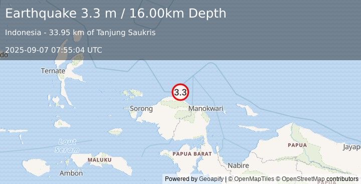 Earthquake NEAR N COAST OF PAPUA, INDONESIA (3.3 m) (2025-09-07 07:55:04 UTC)