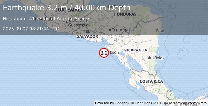 Earthquake NEAR COAST OF NICARAGUA (3.2 m) (2025-09-07 08:21:44 UTC)