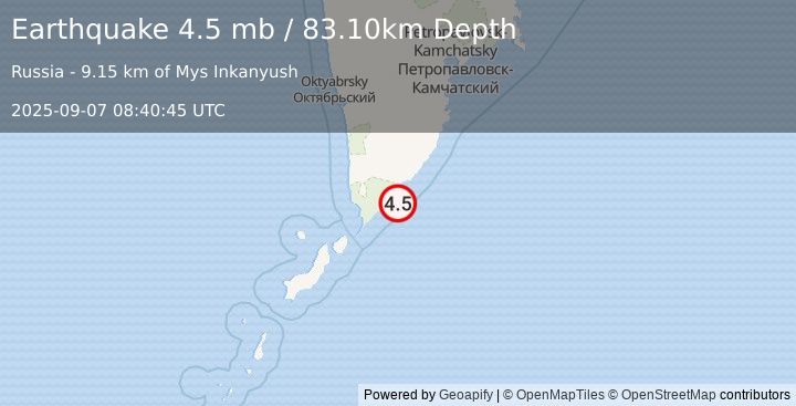 Earthquake NEAR EAST COAST OF KAMCHATKA (4.5 mb) (2025-09-07 08:40:45 UTC)