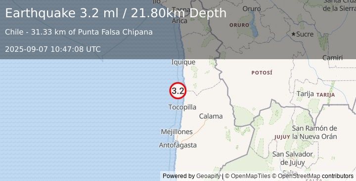 Earthquake OFFSHORE ANTOFAGASTA, CHILE (3.2 ml) (2025-09-07 10:47:08 UTC)