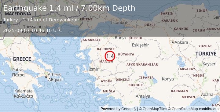 Earthquake WESTERN TURKEY (1.4 ml) (2025-09-07 10:46:10 UTC)