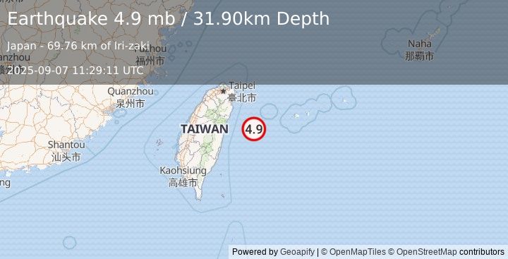 Earthquake TAIWAN REGION (4.9 mb) (2025-09-07 11:29:11 UTC)