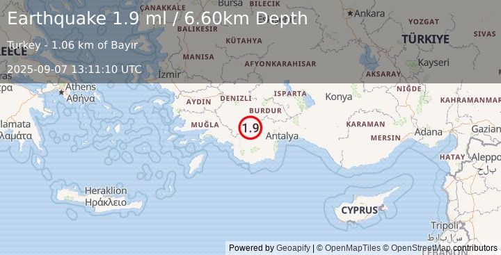Earthquake WESTERN TURKEY (1.9 ml) (2025-09-07 13:11:10 UTC)