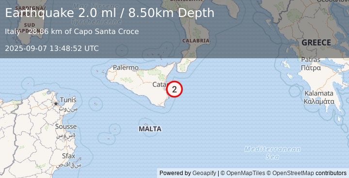 Earthquake SICILY, ITALY (2.0 ml) (2025-09-07 13:48:52 UTC)