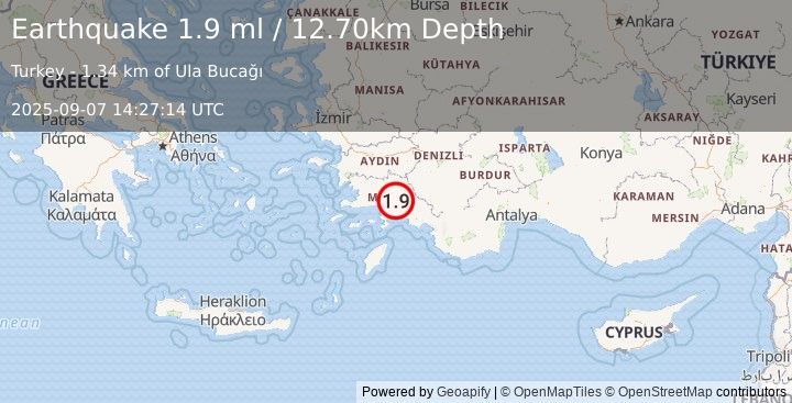 Earthquake WESTERN TURKEY (1.9 ml) (2025-09-07 14:27:14 UTC)