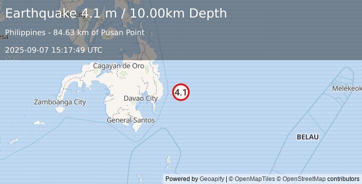 Earthquake PHILIPPINE ISLANDS REGION (4.1 m) (2025-09-07 15:17:49 UTC)