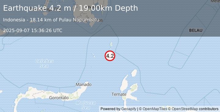 Earthquake KEPULAUAN TALAUD, INDONESIA (4.2 m) (2025-09-07 15:36:26 UTC)