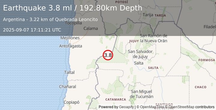 Earthquake SALTA, ARGENTINA (3.8 ml) (2025-09-07 17:11:21 UTC)