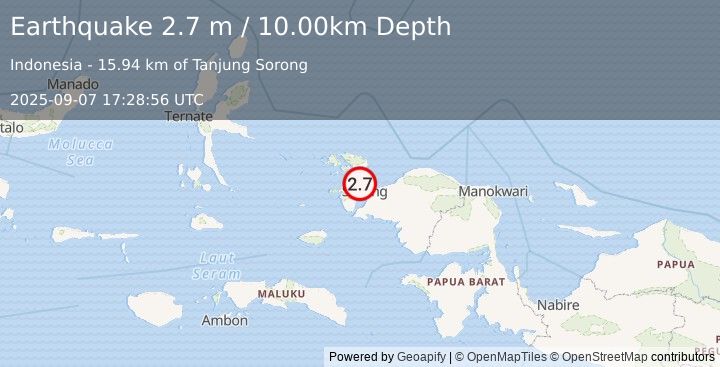 Earthquake NEAR N COAST OF PAPUA, INDONESIA (2.7 m) (2025-09-07 17:28:56 UTC)