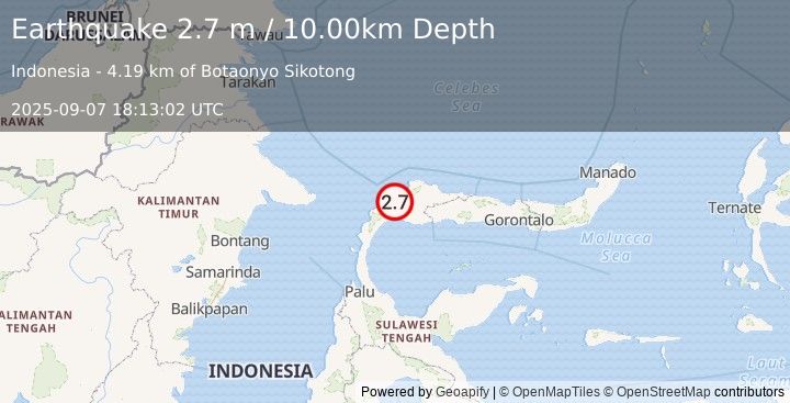 Earthquake MINAHASA, SULAWESI, INDONESIA (2.7 m) (2025-09-07 18:13:02 UTC)