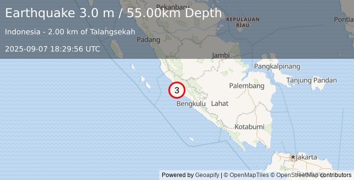 Earthquake SOUTHERN SUMATRA, INDONESIA (3.0 m) (2025-09-07 18:29:56 UTC)