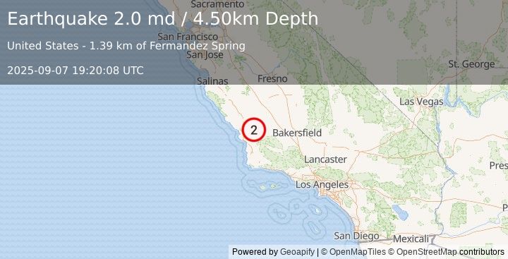 Earthquake CENTRAL CALIFORNIA (2.0 md) (2025-09-07 19:20:08 UTC)