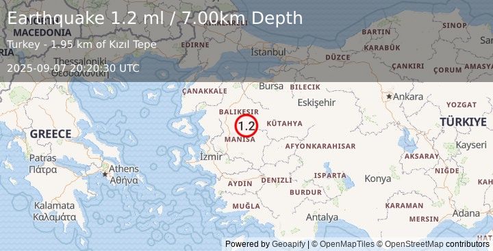Earthquake WESTERN TURKEY (1.4 ml) (2025-09-07 20:21:16 UTC)