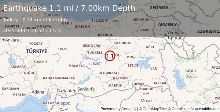 Earthquake EASTERN TURKEY (1.1 ml) (2025-09-07 21:52:41 UTC)