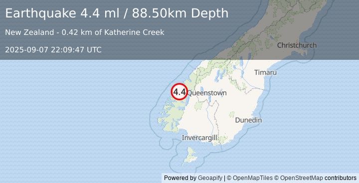 Earthquake SOUTH ISLAND OF NEW ZEALAND (4.4 ml) (2025-09-07 22:09:47 UTC)