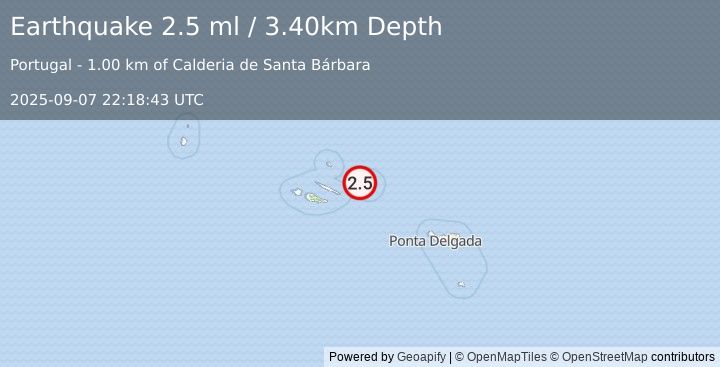Earthquake AZORES ISLANDS, PORTUGAL (2.5 ml) (2025-09-07 22:18:43 UTC)