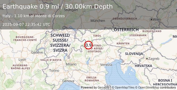Earthquake NORTHERN ITALY (0.9 ml) (2025-09-07 22:35:42 UTC)