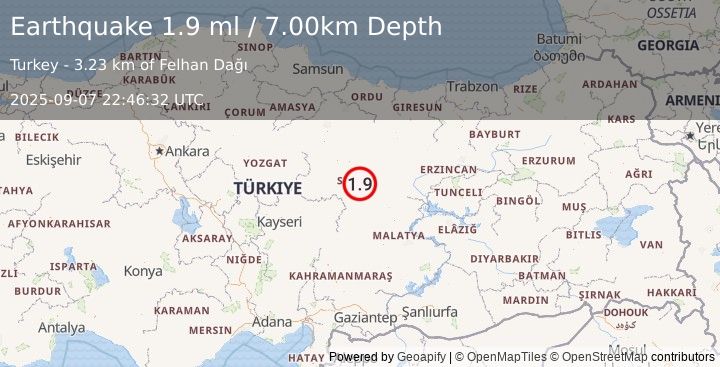 Earthquake CENTRAL TURKEY (1.9 ml) (2025-09-07 22:46:32 UTC)