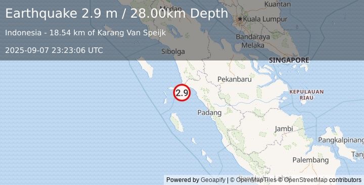 Earthquake SOUTHERN SUMATRA, INDONESIA (2.9 m) (2025-09-07 23:23:06 UTC)