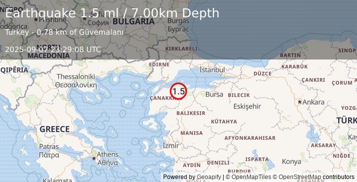 Earthquake WESTERN TURKEY (1.5 ml) (2025-09-07 23:29:08 UTC)