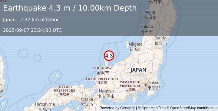 Earthquake NEAR WEST COAST OF HONSHU, JAPAN (4.3 m) (2025-09-07 23:24:30 UTC)