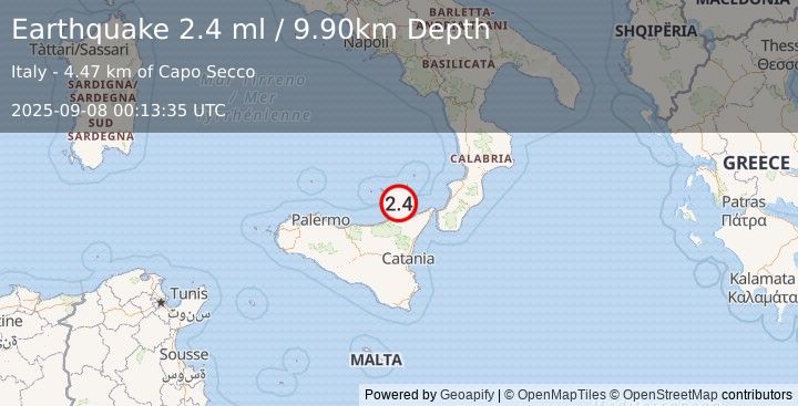 Earthquake SICILY, ITALY (2.4 ml) (2025-09-08 00:13:35 UTC)