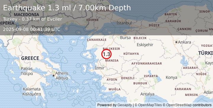 Earthquake WESTERN TURKEY (1.3 ml) (2025-09-08 00:41:39 UTC)