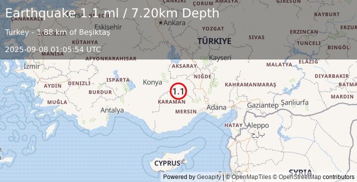 Earthquake CENTRAL TURKEY (1.1 ml) (2025-09-08 01:05:54 UTC)