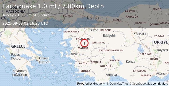 Earthquake WESTERN TURKEY (1.0 ml) (2025-09-08 02:26:20 UTC)