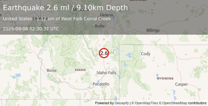 Earthquake WESTERN MONTANA (2.6 ml) (2025-09-08 02:30:37 UTC)